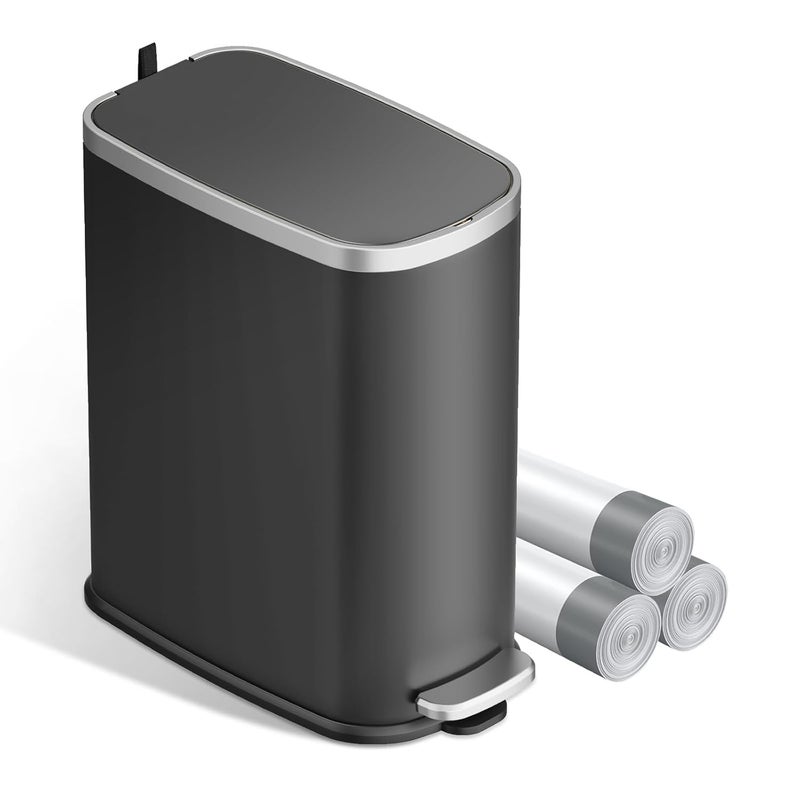KUK Slim Bathroom Trash Can with Lid Soft Close, Step Pedal, 2.6 Gal/ 10L Stainless Steel Garbage Can with Removable Inner Bucket, Anti-Fingerprint Wastebasket for Office, Bedroom, Toilet (Black) - Image 1